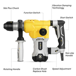 12A Heavy Duty SDS - Plus Rotary Hammer Drill for Concrete and Stone - EnventorTool