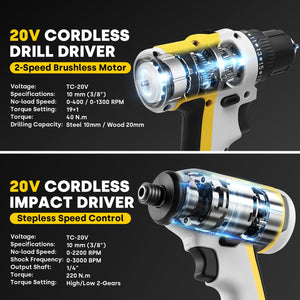 20V Cordless Drill Driver and Impact Driver Combo Kit - EnventorTool