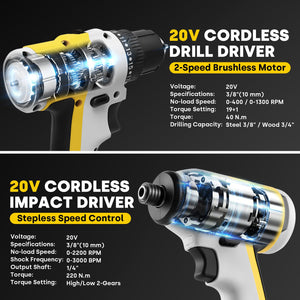 20V Cordless Drill Driver and Impact Driver Combo Kit - EnventorTool