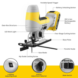 Cordless Jigsaw with Adjustable Speed and LED Light - EnventorTool