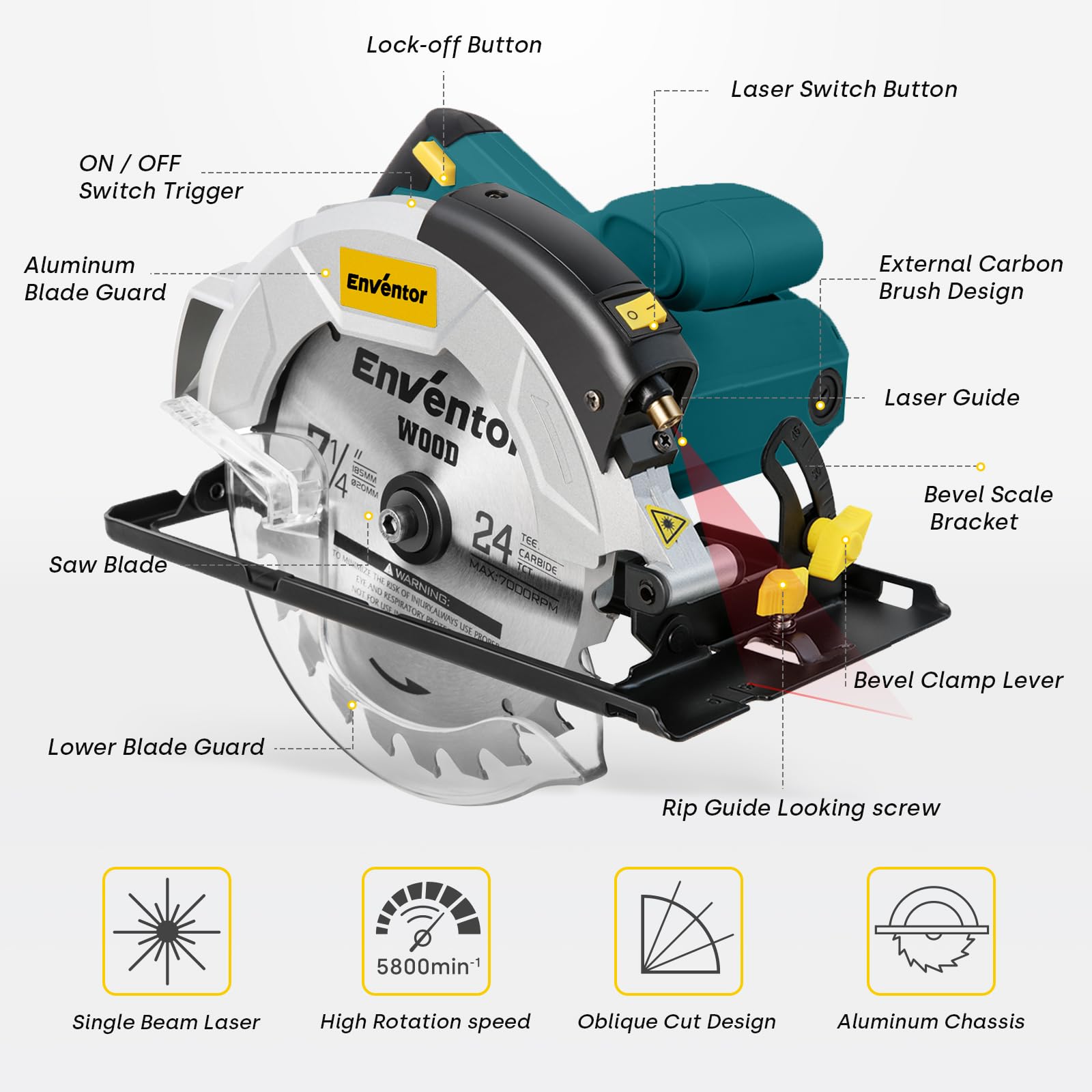 Enventor 10A Circular Saw | 5800 RPM, 7-1/4" Blade, Laser Guide