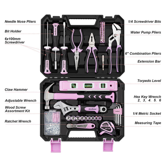 Enventor Pink Household Tool Kit, 146 Pieces with Storage Case, for Home Maintenance and DIY Projects