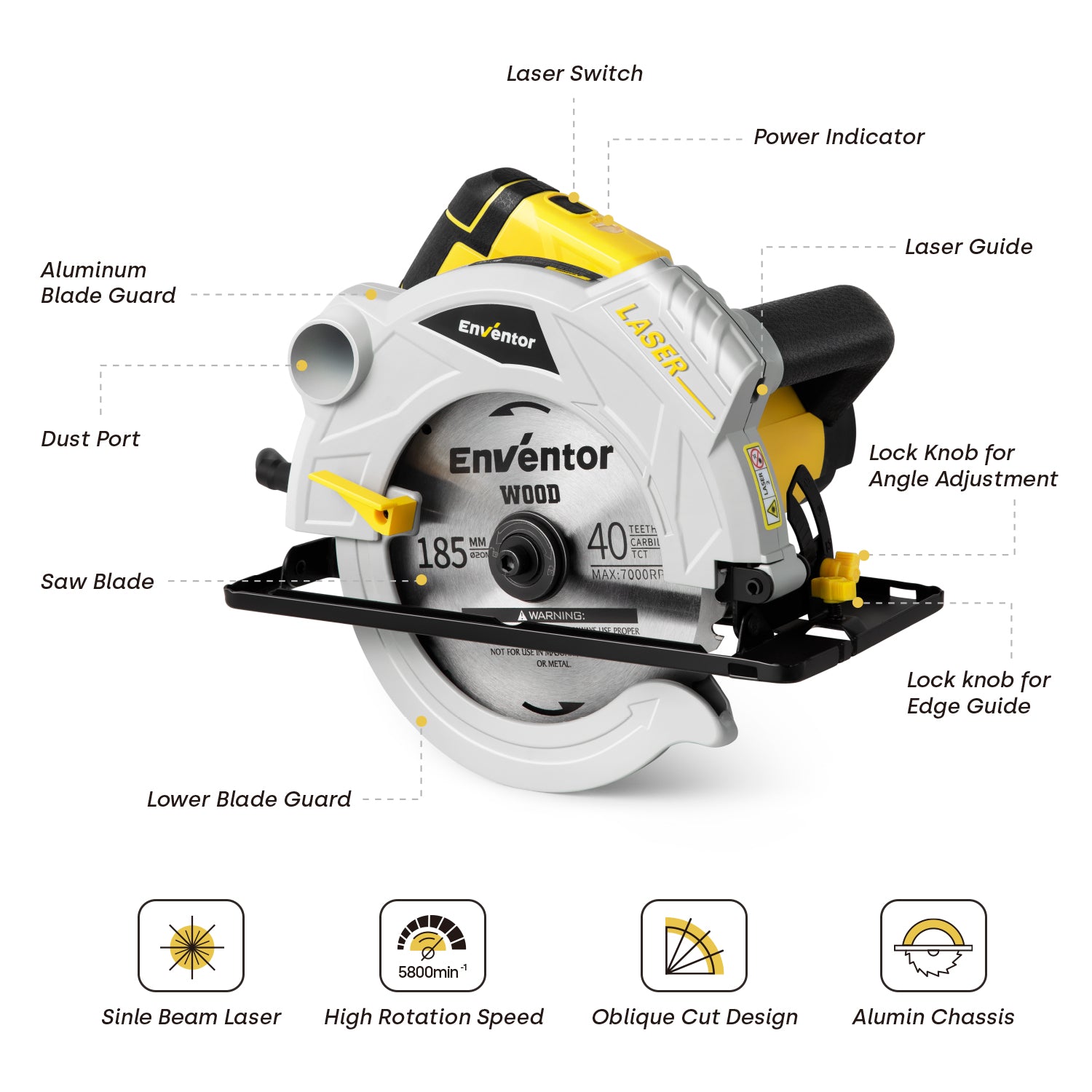 Powerful 12A Electric Circular Saw with Laser Guide