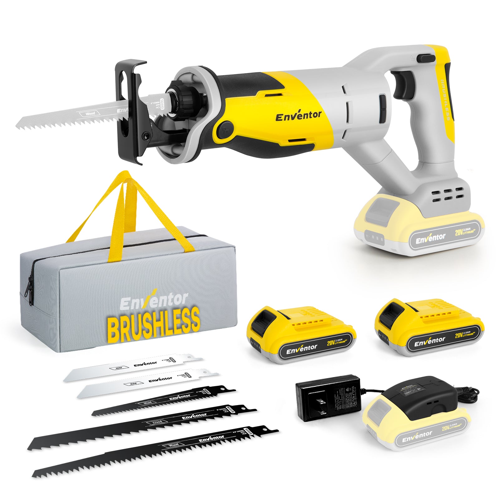 20V Cordless Reciprocating Saw with Dual 2.0Ah Batteries and Fast Charger