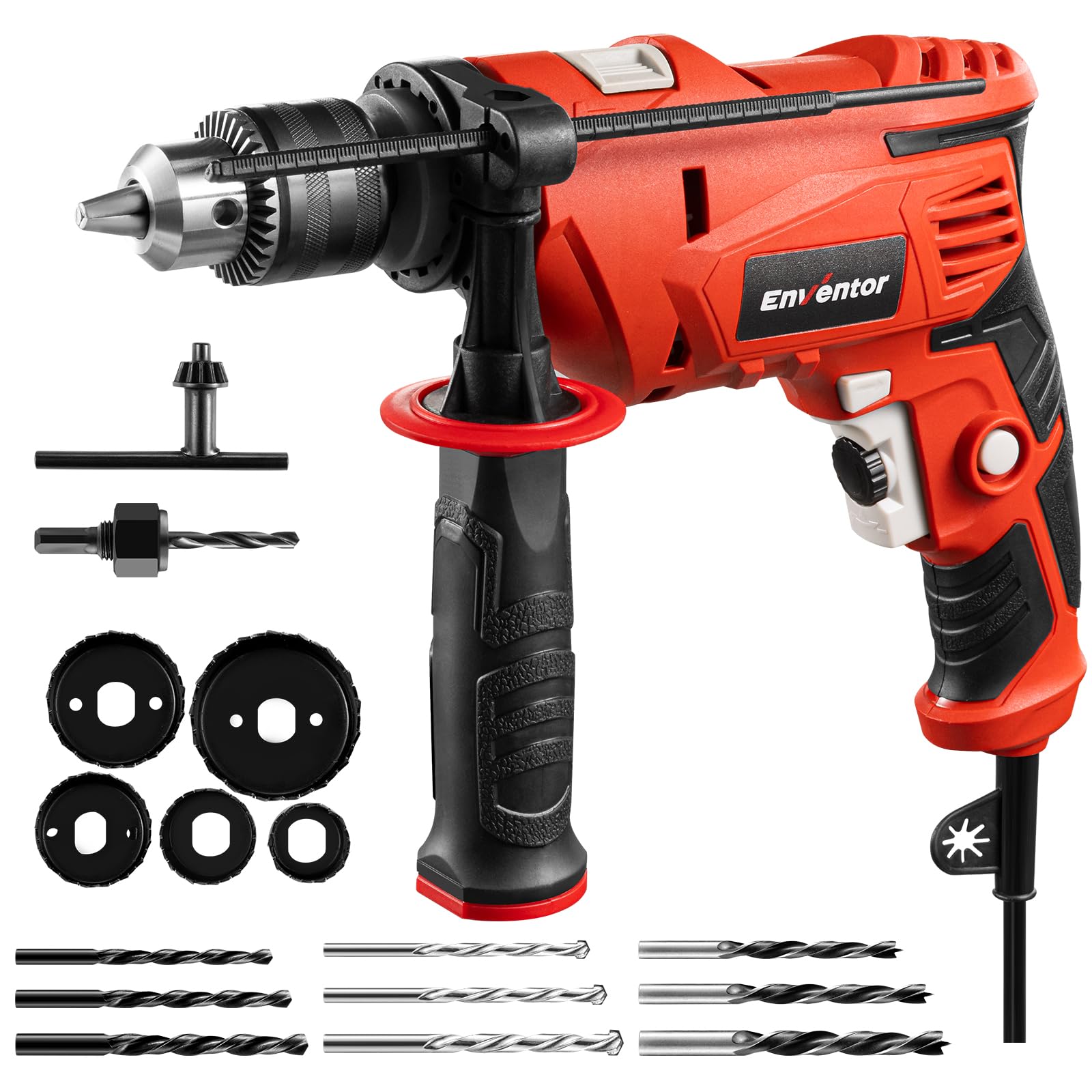 Enventor 7.5A Multi-Function Hammer Drill｜900W Variable Speed (0–3000RPM)｜360° Auxiliary Handle｜Includes 9-Piece Bit Set