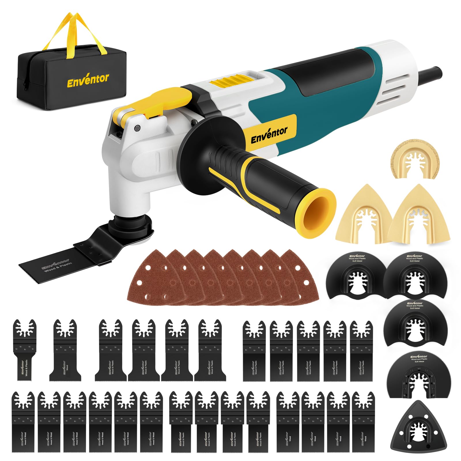 Enventor 2.2A Electric Oscillating Tool Kit with 43 Accessories, 15000–22000 OPM, 6 Variable Speeds, 3° Oscillation Angle, Auxiliary Handle