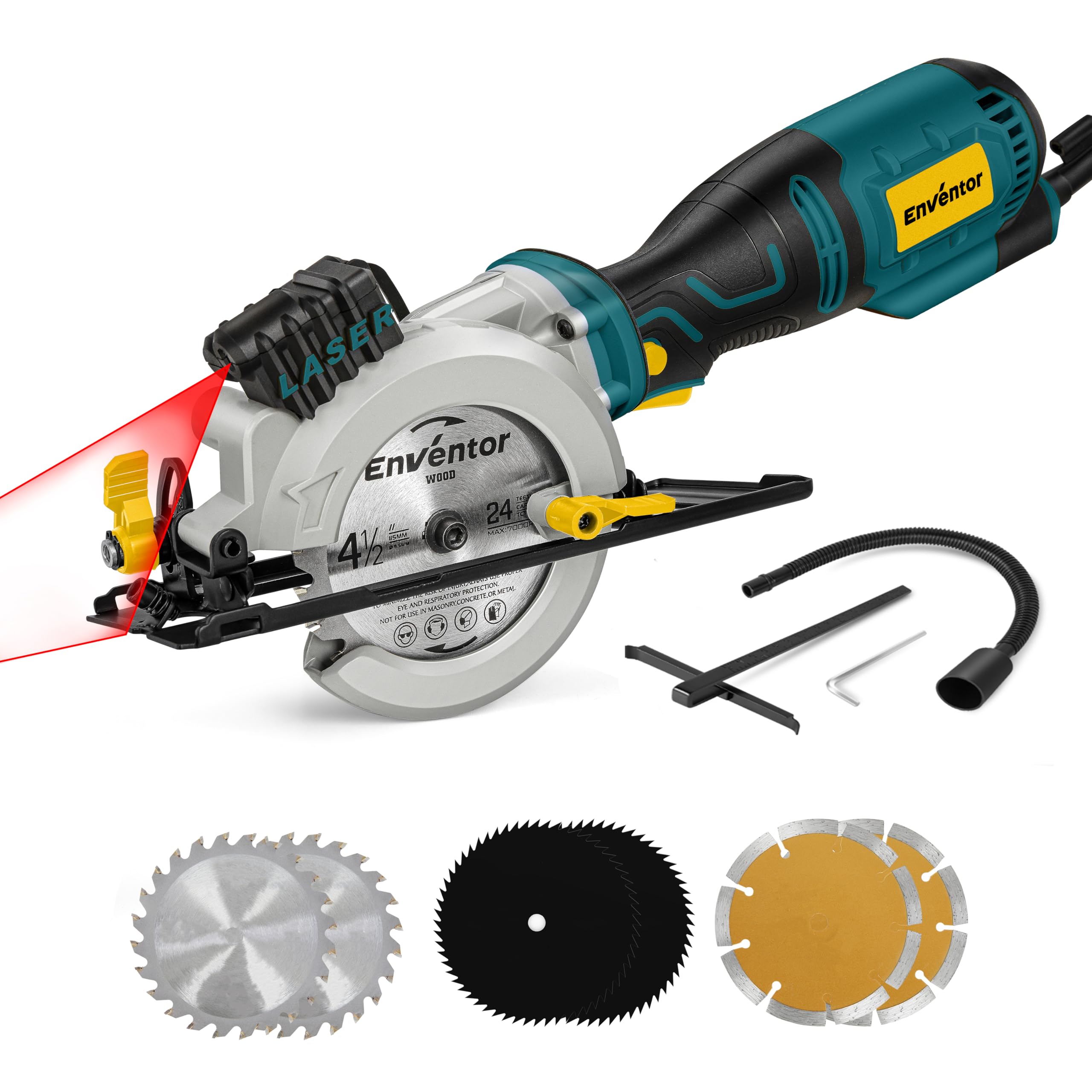 Enventor 5.8A Mini Circular Saw – 4-1/2″ Blade, 3500 RPM, 6 Blades, Laser Guide, Max Cutting Depth 1-11/16″ (90°), Ideal for Wood, Metal, Tile, PVC, Drywall