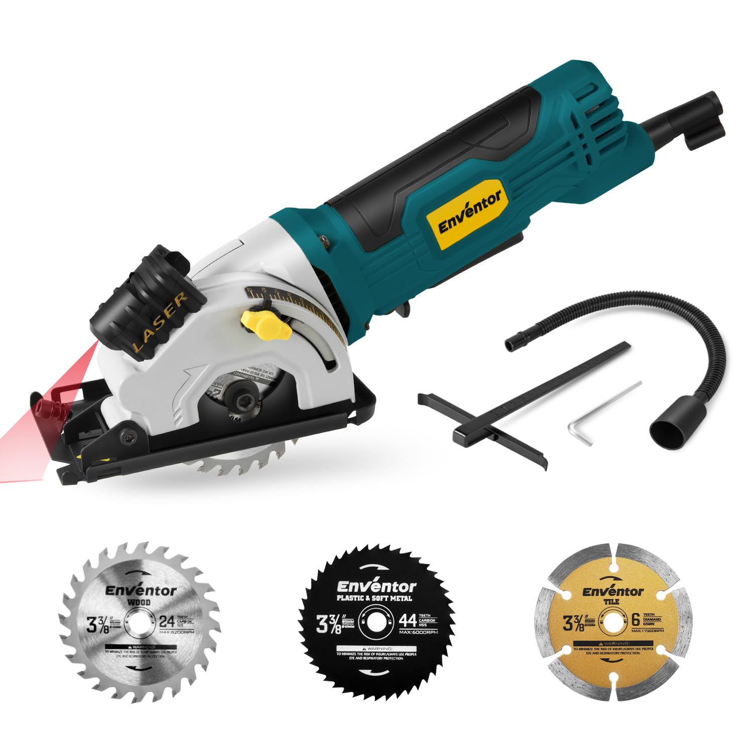 Enventor 4.8A Mini Circular Saw with Laser Guide – 4000 RPM, 3 Blades for Wood, Soft Metal, Tile, Plastic