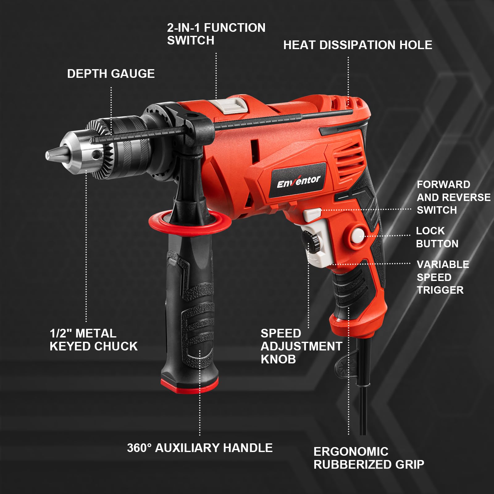 Enventor 7.5A Multi-Function Hammer Drill｜900W Variable Speed (0–3000RPM)｜360° Auxiliary Handle｜Includes 9-Piece Bit Set