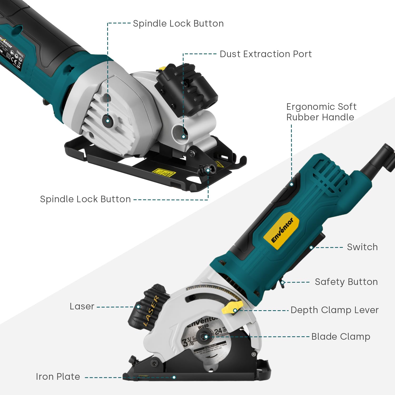 Enventor 4.8A Mini Circular Saw with Laser Guide – 4000 RPM, 3 Blades for Wood, Soft Metal, Tile, Plastic