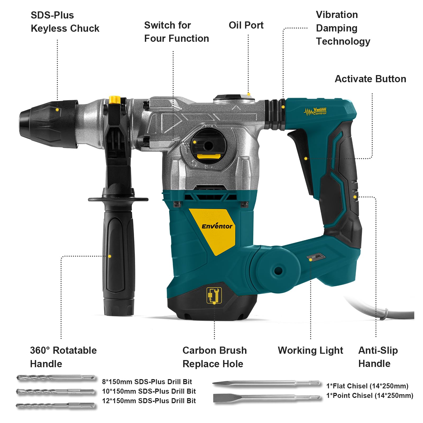 Enventor SDS-Plus 12.5A Electric Rotary Hammer Drill – Safety Clutch, Vibration Control – Suitable for Concrete, Brick, Metal, and Wood