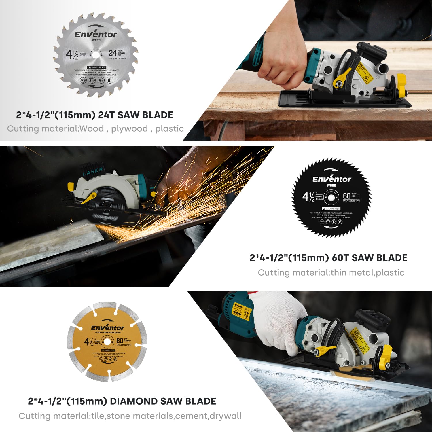 Enventor 5.8A Mini Circular Saw – 4-1/2″ Blade, 3500 RPM, 6 Blades, Laser Guide, Max Cutting Depth 1-11/16″ (90°), Ideal for Wood, Metal, Tile, PVC, Drywall