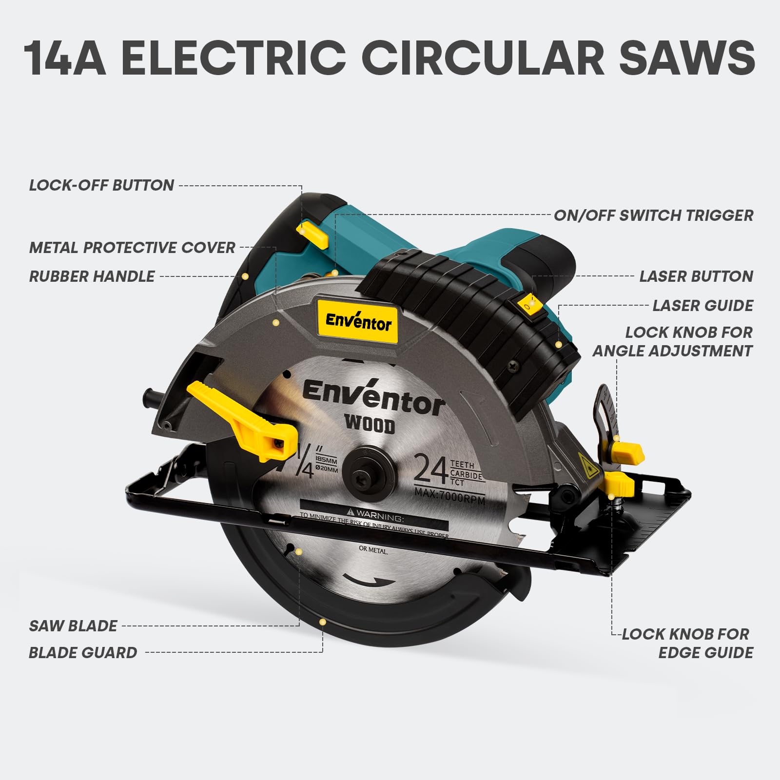 Enventor 14A Electric Circular Saw, 7-1/4 Inch, with Laser Guide, 5500 RPM, Blue