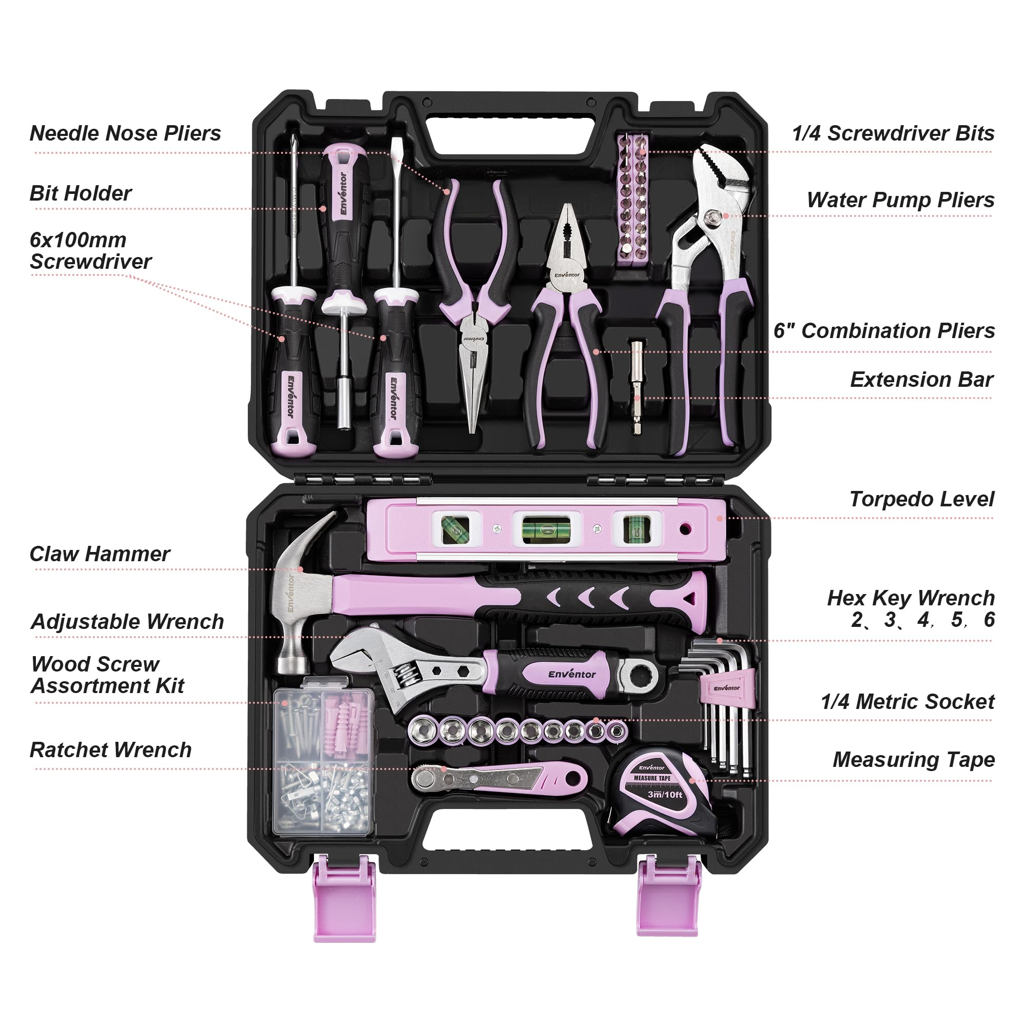 Enventor Pink Household Tool Kit, 146 Pieces with Storage Case, for Home Maintenance and DIY Projects
