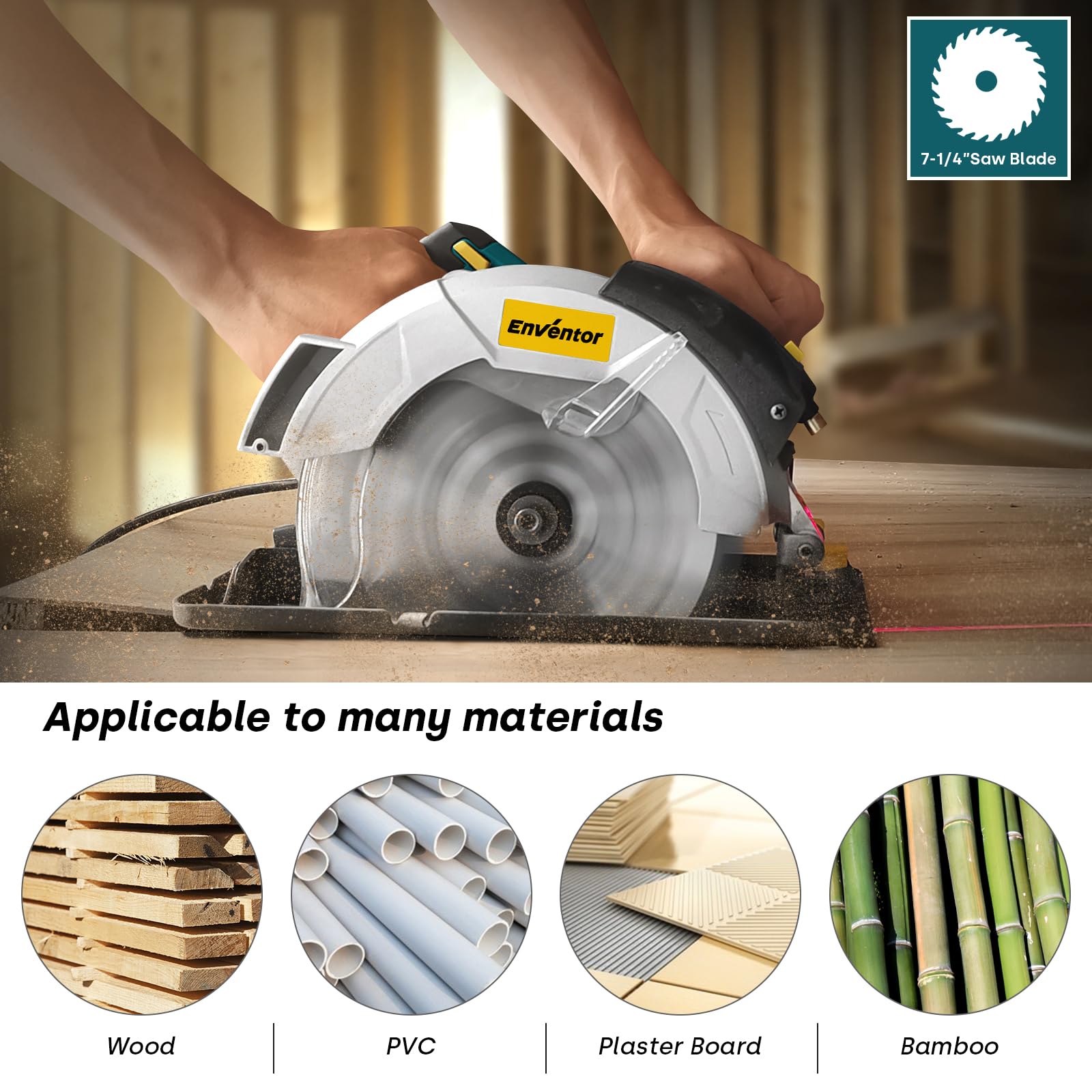 Enventor 10A Circular Saw | 5800 RPM, 7-1/4" Blade, Laser Guide