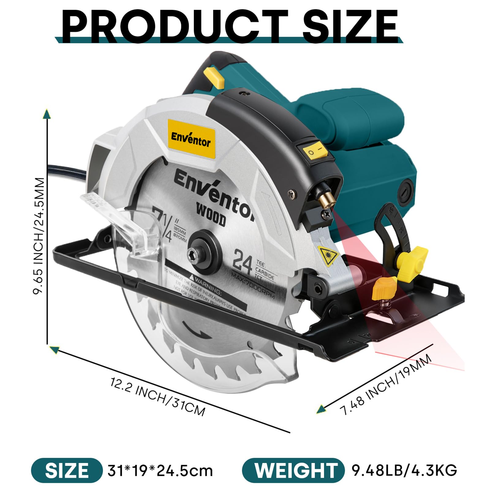 Enventor 10A Circular Saw | 5800 RPM, 7-1/4" Blade, Laser Guide