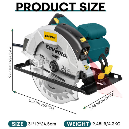 Enventor 10A Circular Saw | 5800 RPM, 7-1/4